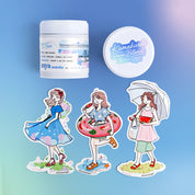 A matcha set featuring a white jar labeled 'anya matches' with a blue and white beach illustration, a matching white lid labeled 'Kamakuri Cream Blend', and three die-cut sticker characters wearing summer outfits on a blue gradient background.